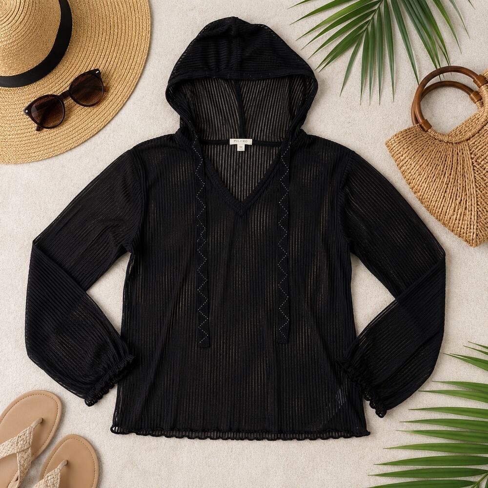 Anthropologie Pilcro Sheer Black Hooded Cover Up Top XL Boho Beach Lightweight